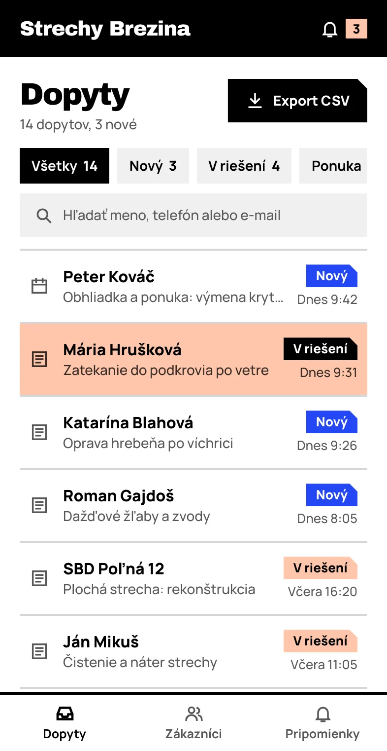 Ukážka CRM v mobile: zoznam dopytov so stavmi nový, v riešení a ponuka. Údaje sú vymyslené.