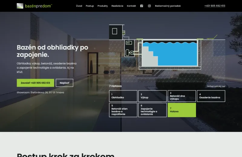 bazénpredom, website of GPI Group. The view on a computer: a section drawing of a pool with seven building steps.